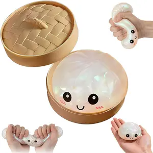 Glitter Dumpling Squishy, Soft Squeeze Stress Relief Fidget Ball with Mini Steamer Box, Colorful Stretchy Decompression Sensory Toy for Adults & Kids, Cute Anxiety Relief Toy, Desk Fidget Toy, Fun Gift