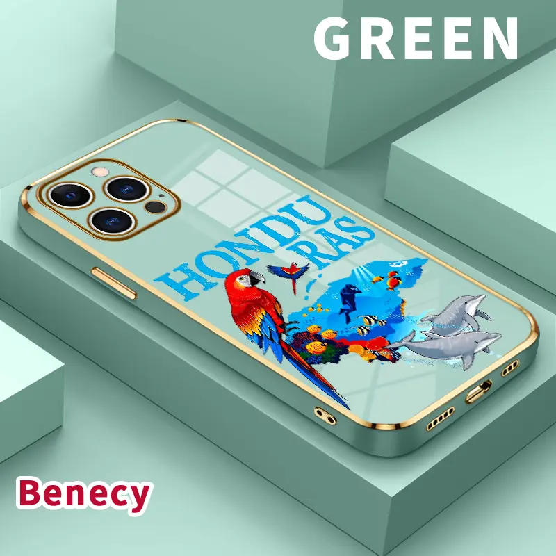 Glossy Plating Soft Silicone TPU Protection Case for iPhone 11-16, 17, Plus, Air, Pro Max - Honduras Marine Splendor Printed, Anti-Oil Cover for Smartphone, Cellphone, Handheld Devices, Casing
