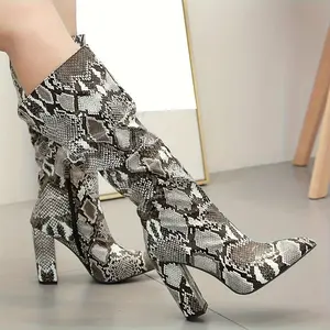 Elegant Women's Snakeskin Knee-High Boots-Thick Heel, Pointed Toe, Side Zipper, Fashion Multicolor Design, Four Seasons Non-Slip Rubber Sole, High-Heel Boots