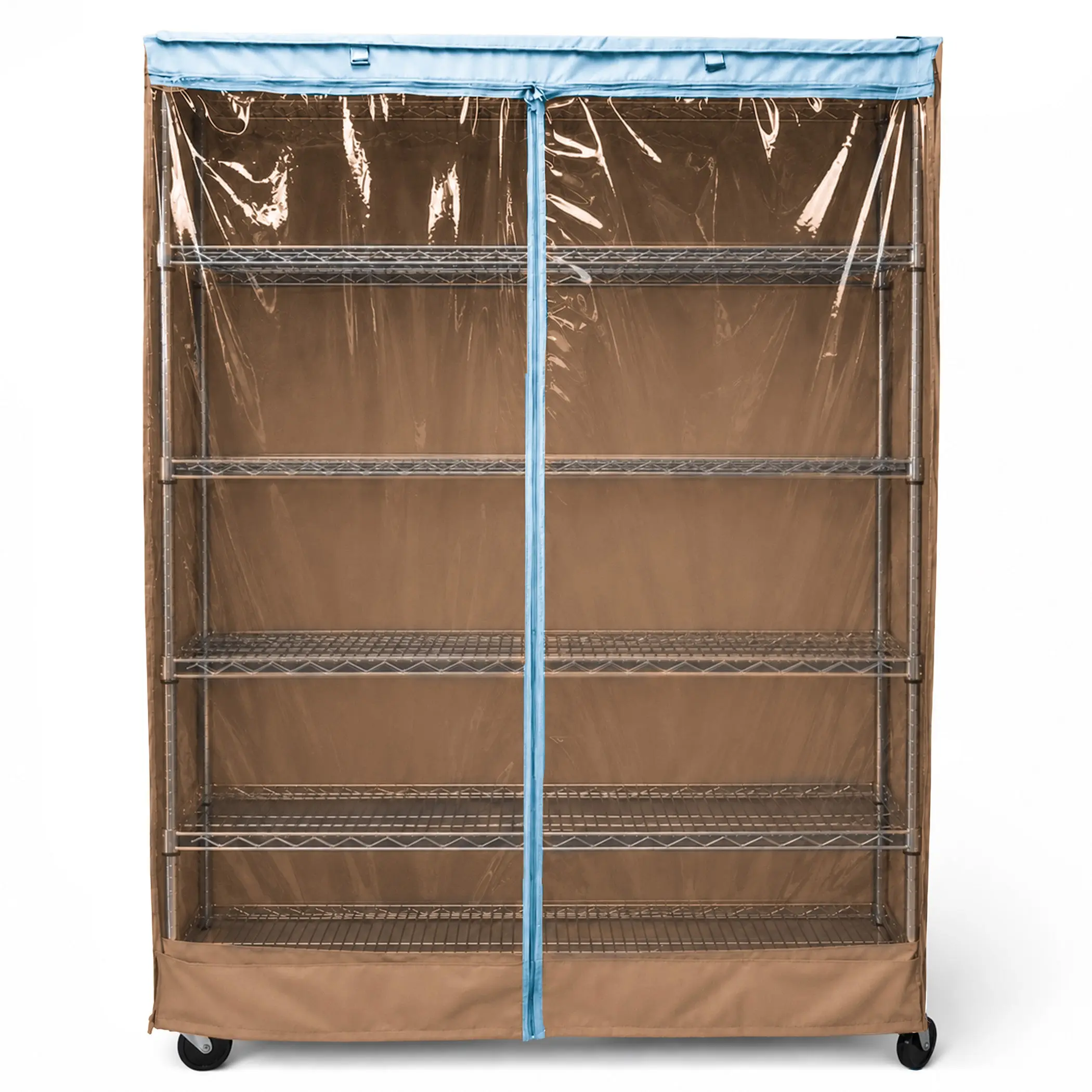Storage Shelving Unit Cover, fits racks 36"W x 14"D x 54"H one side see through panel in Beige Khaki and Blue Trim