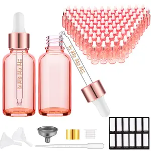 PrettyCare Eye Dropper Bottle 1 oz (99 Pack Glass Bottles 30ml with Golden Caps, Extra Plastic Measured Pipettes, Labels, Funnel) Empty Tincture Bottles for Essential Oils