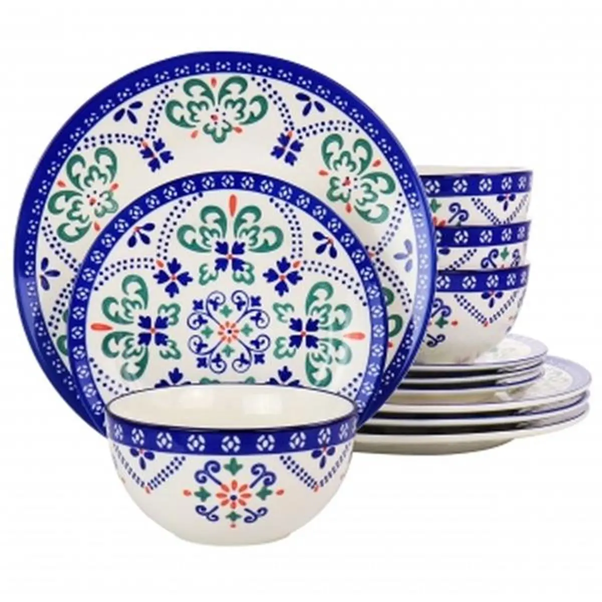 Laurie Gates 130956.12RR California Designs Tierra Star Hand Painted Dinnerware Set, Blue - 12 Piece