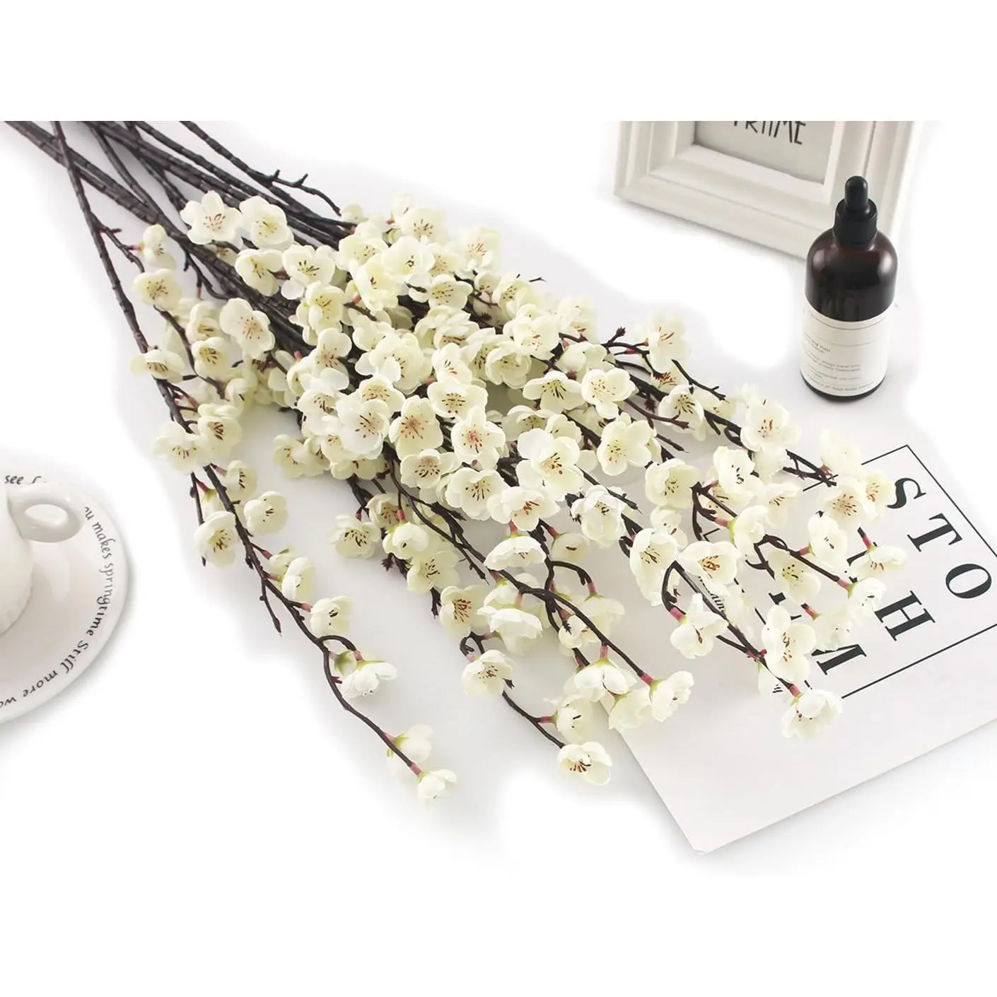 5 count Artificial Plum Blossom  Wintersweet Long Stem Plastic   Hotel Office Wedding Party Garden Decor 27.5'' High White