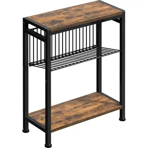 Small Side Table for Small Space, 3-Tier Narrow End Table with Magazine Holder, Slim Nightstand Skinny Snack Couch Table for Living Room Bedroom Study Balcony (Rustic Brown &Black)