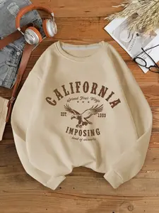 Eagle & Letter Graphic Print Round Neck Pullover, Fashion Women's Clothing, Warm Comfortable Fabric, Casual Loose Fit Long Sleeve