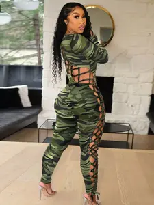 Women's Bandage Hollow-out Design Green Camo Jumpsuit