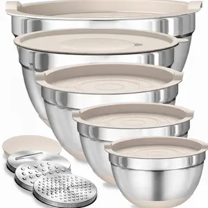 Mixing Bowls with Airtight Lids Set, 8PCS Stainless Steel Khaki Nesting Bowls with Non-Slip Bottoms, Size 5, 4, 3.5, 2, 1.5QT for Mixing & Serving
