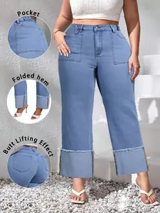 Plus Size Women's Straight Leg 9/10 Denim Jeans with Folded Cuffs, Cuffed Jean, Everyday Casual & Commuting Style, Comfortable and Trendy Fashion