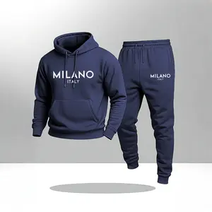 Men's Milano Letter Printed Hoodie and Drawstring Sweatpants Set, Menswear, Casual Athletic Long Sleeve Hooded Jacket & Trousers for Fall & Winter, Men's Clothing for Daily Wear, Sportswear Indoor Outdoor, Tracksuit, Athleisure Summer Clothes