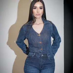 NVME Sofia Gold Button Shirt Denim Women's Stylish V-Neck Long Sleeve Casual Wear