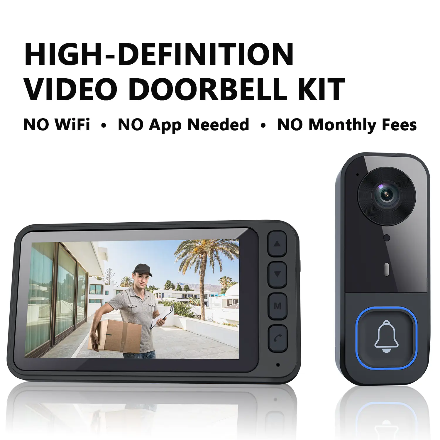 Wireless Doorbell Camera with Dedicated Monitor Screen, No Monthly Fees, HD Night Vision, No WiFi/APP Required, 2-Way Walkie-Talkie Intercom for Home Safety & Seniors