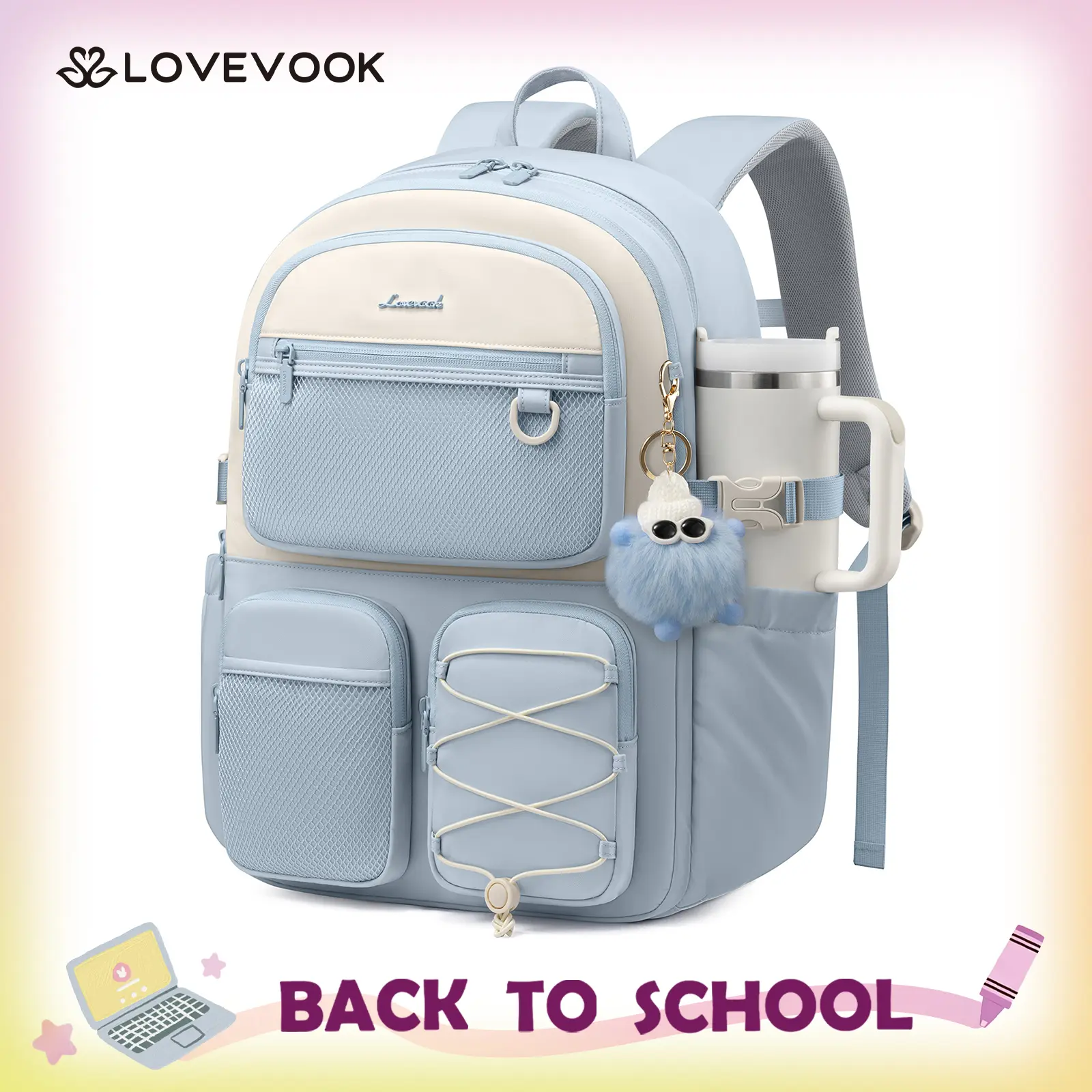 LOVEVOOK School Backpack for Teen Girls, Student Cute Bookbag Purse for Middle High School, 15.6 Inch Laptop Kid Backpack Back to School with Large Cup Holder, College Travel Bag