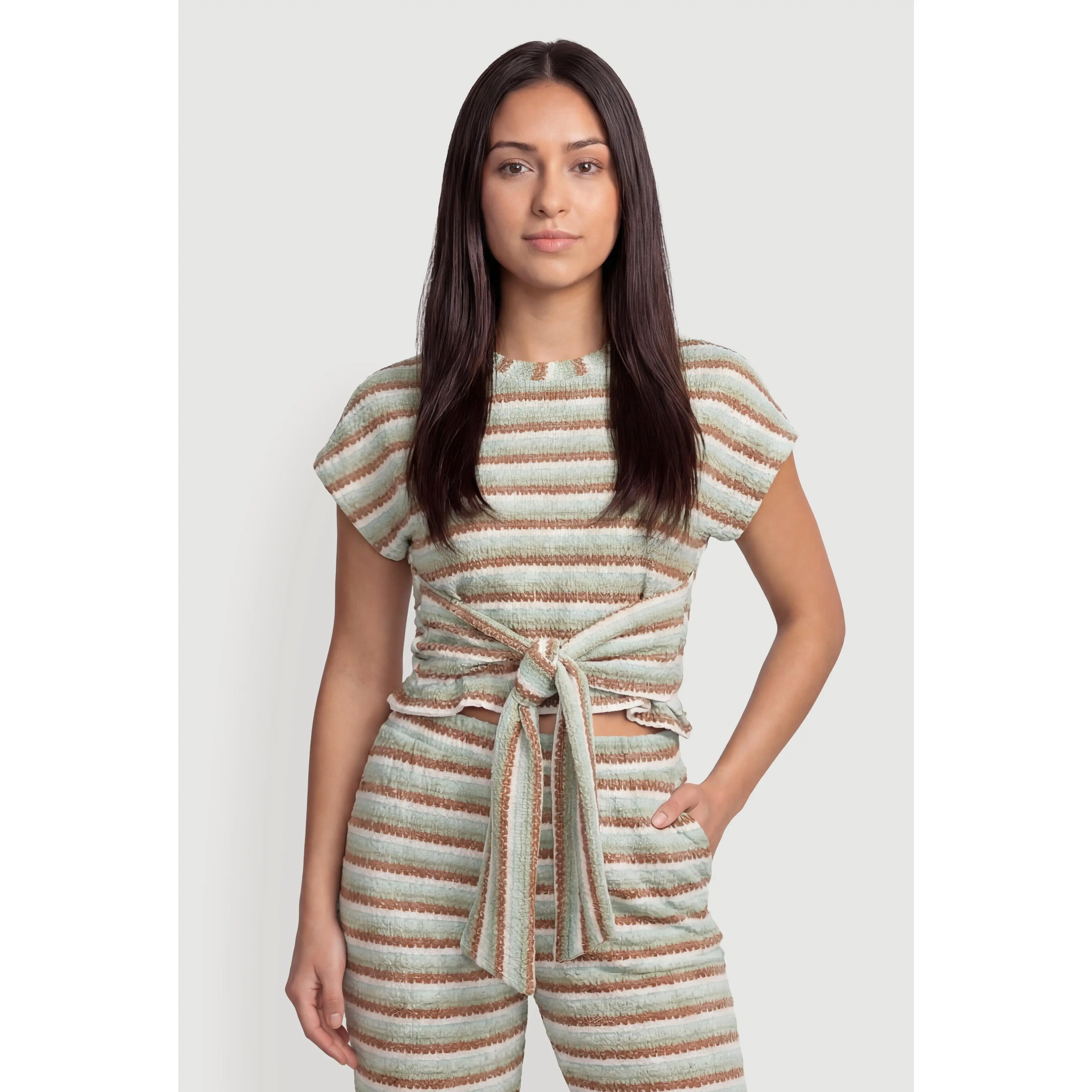 Striped Textured Knit Knot Front Blouse