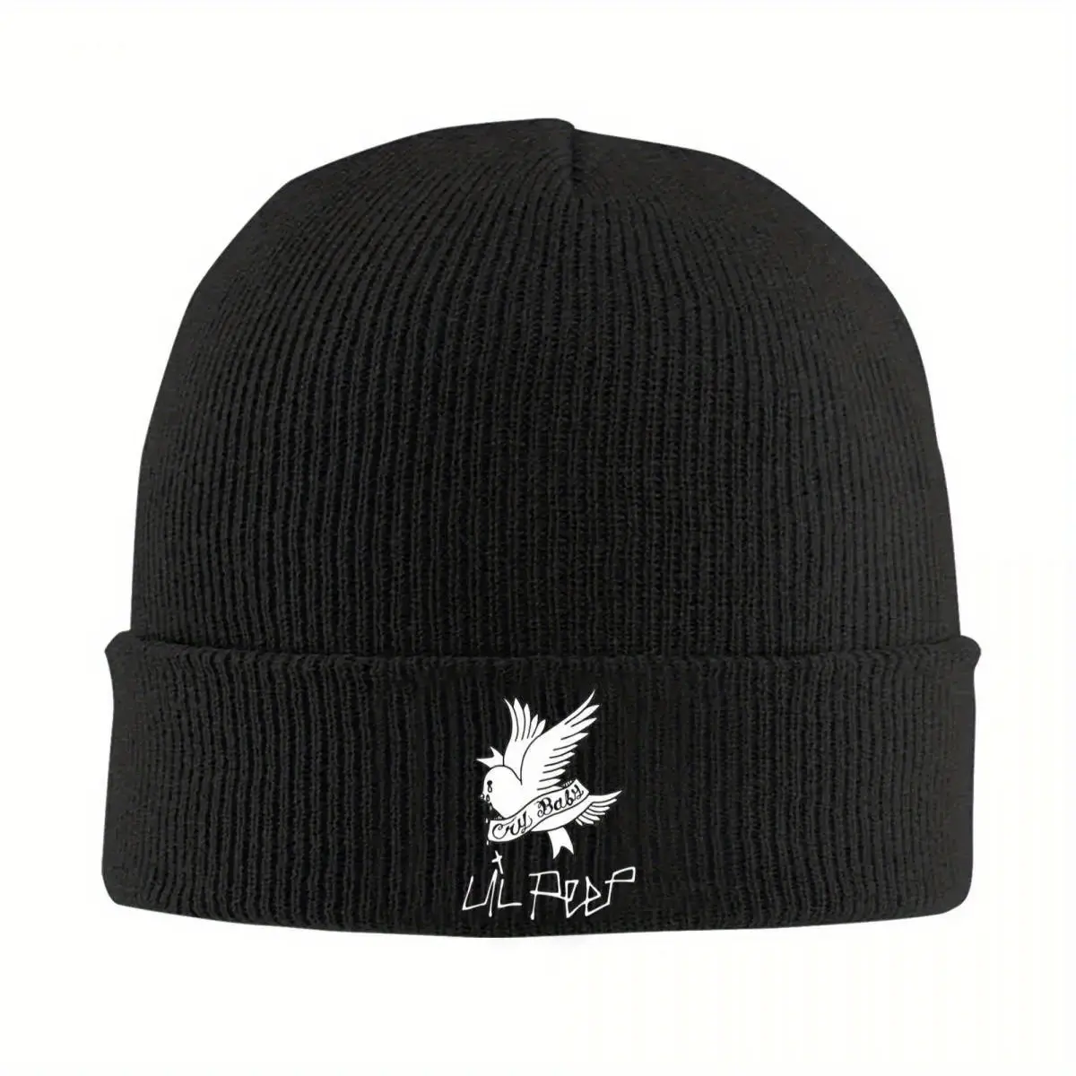 Lil Peep Gustav Crochet Beanie - Black Winter Hat with White Logo, Hand Washable, Not Dry Cleanable, Unisex Design, Casual Fashion, Perfect for Autumn/Winter, Winter Hat