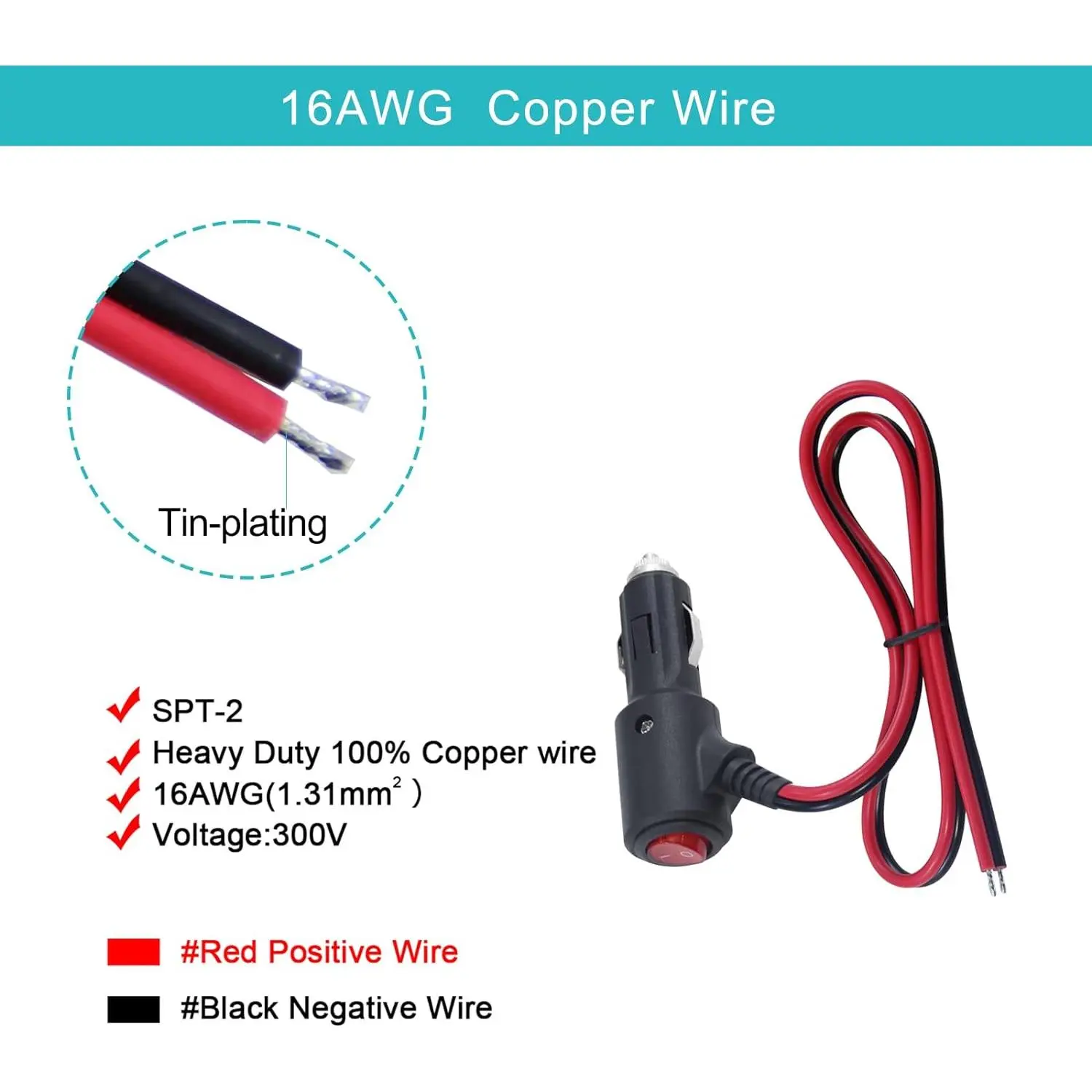 car stuff12V Fused Replacement Cigarette Lighter Male Plug with On Off  Switch - 2FT 12Volt 15amp Cigarette Lighter Plug with Leads and Led Lights,  16AWG Ci