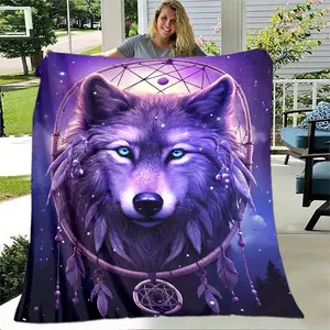 1pc Dream Catcher And Purple Wolf Thin Blanket - Lightweight Flannel Throw For Sofa, Bed, Travel, Camping, Living Room, Office, Couch, Chair, And Bed - Digital Printing Fleece Blanket With Soft And Warm Flannel Fabric