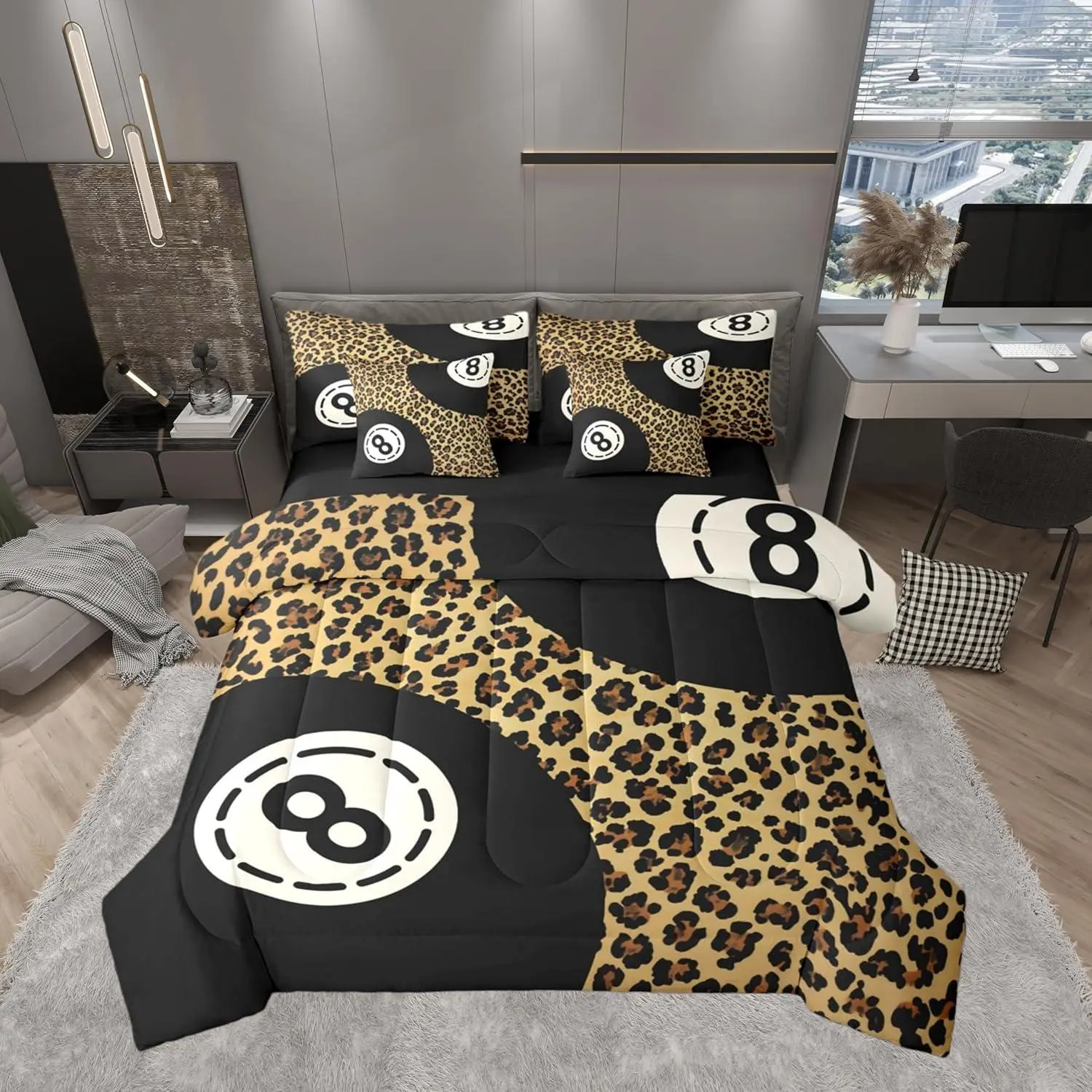 Feelyou 7-Piece Microfibre Billiard Balls Bedding Set - Breathable Animal-Themed Leopard Print Comforter Set with Sheets, Pillow Covers, Chic Brown Design, Sporty Style, Machine Washable for Kids, Single/King/Queen Sizes, Bedroom-Ready, Packaged in a Bag