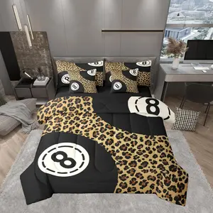 Billiard Balls Bedding Set,7 Pieces,Fashion Sport Game Billiards Black Balls Comforter Set with Sheets for Kids,Chic Brown Leopard Cheetah Fur Print Bed Set,in a Bag with Pillow Covers