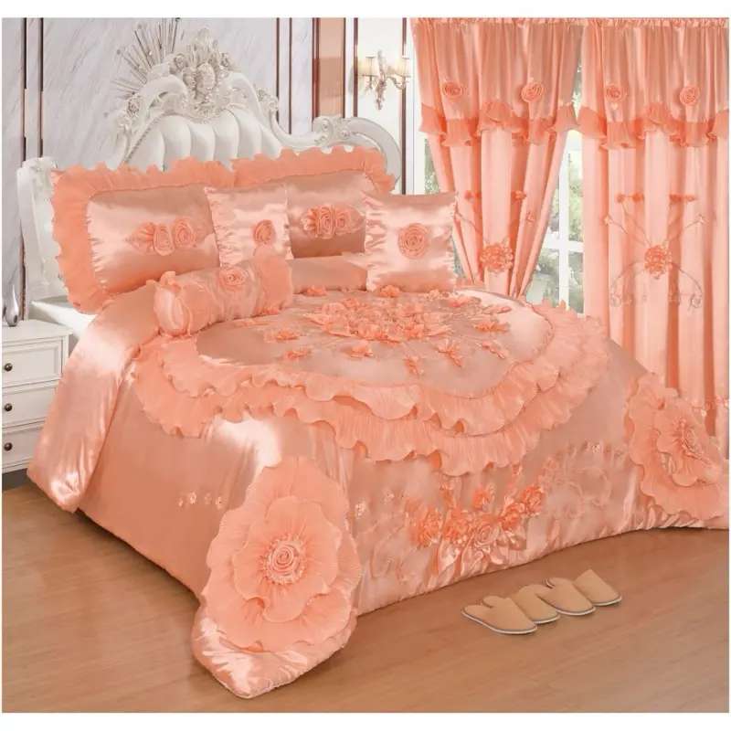 Wedding Set - Pink and White Bedding with Floral Design and Ruffled Edges