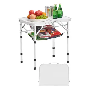 【DealsForYouDays】VEVOR Folding Camping Table,  , Adjustable Height Portable Side Tables, Aluminum MDF Beach Table with Mesh Layer, Carrying Handle, Lightweight Compact for Outdoor Picnic BBQ Cooking, 24x16in, Silver