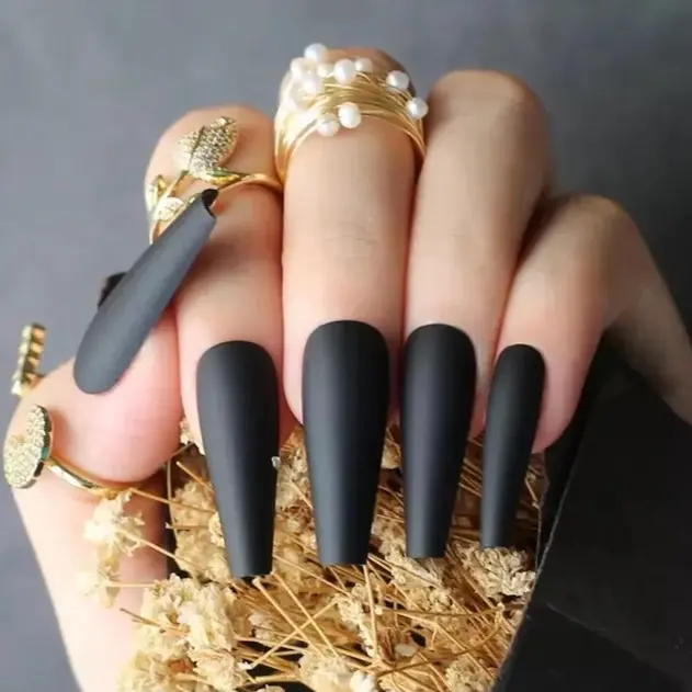 Coffin Press on Nails Long Fake Nails Medium Ballerina Acrylic Press on Nail Coffin Nail Tips Matte Black Artifical Nail Full Cover Presson on Fake Fingernails for Women Girls
