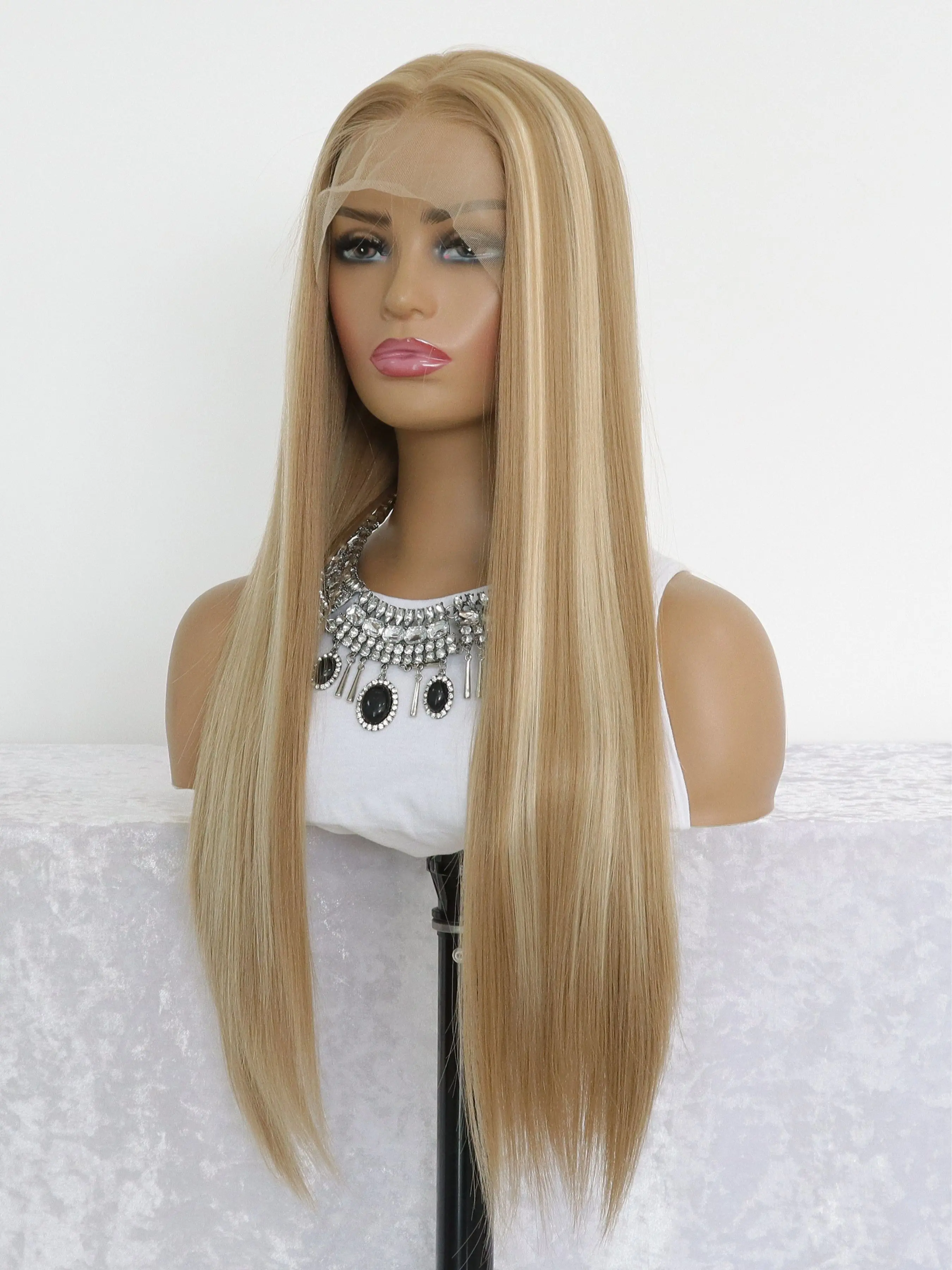 Highlight Blonde Brown Synthetic Lace Front Wig for Women Long Straight Glueless Balayage Platinum Honey Brown 13x4 Lace Front Wigs for White Women 150 Density 28 Inches