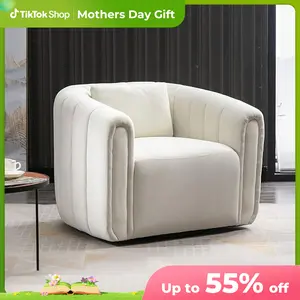 [summervibes] Ebello Swivel Feature Chair with Plump Pillow, Modern Channel Dutch Velvet Upholstery Chair, Comfortable Round Armchair, Swivel Bucket Chair for Kindergarten Living Room Bedroom
