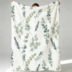Single Piece Watercolor Blanket Featuring Eucalyptus Leaves, with a Gentle Green Plant Design, Perfect for a Sofa Corner, Bedroom Decoration, Or a Comfy Reading Chair, Ideal for Nature Enthusiasts And Home Decor Lovers