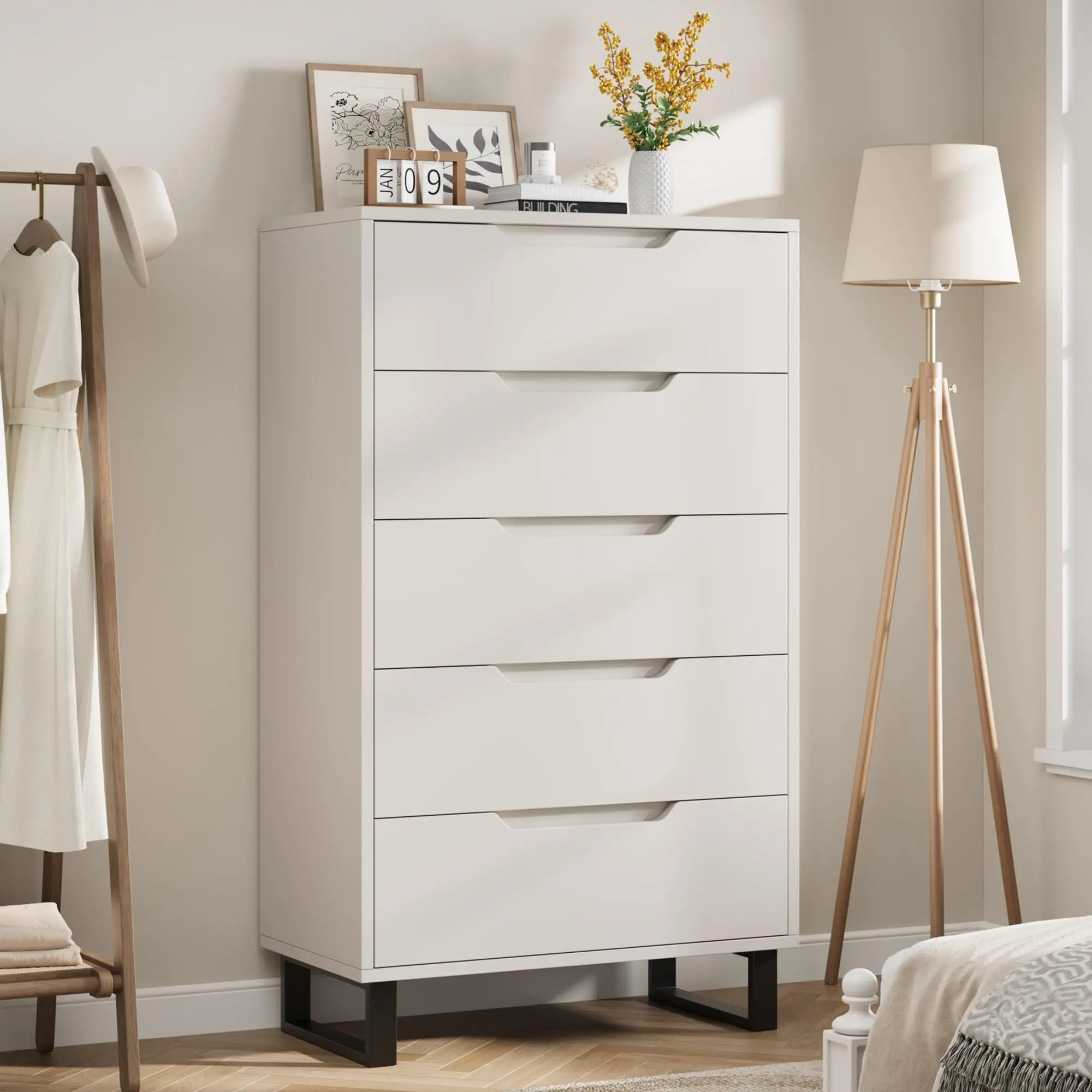 50.5" Tall Modern Natural Tones Sturdy 5-Drawer MDF Wood Rectangle Dresser - Storage Design Furniture, 25mm Thick, Easy Setup, Versatile Bedroom Decor, Freestanding Vertical Closet Organization Tower for Bedroom, Living Room