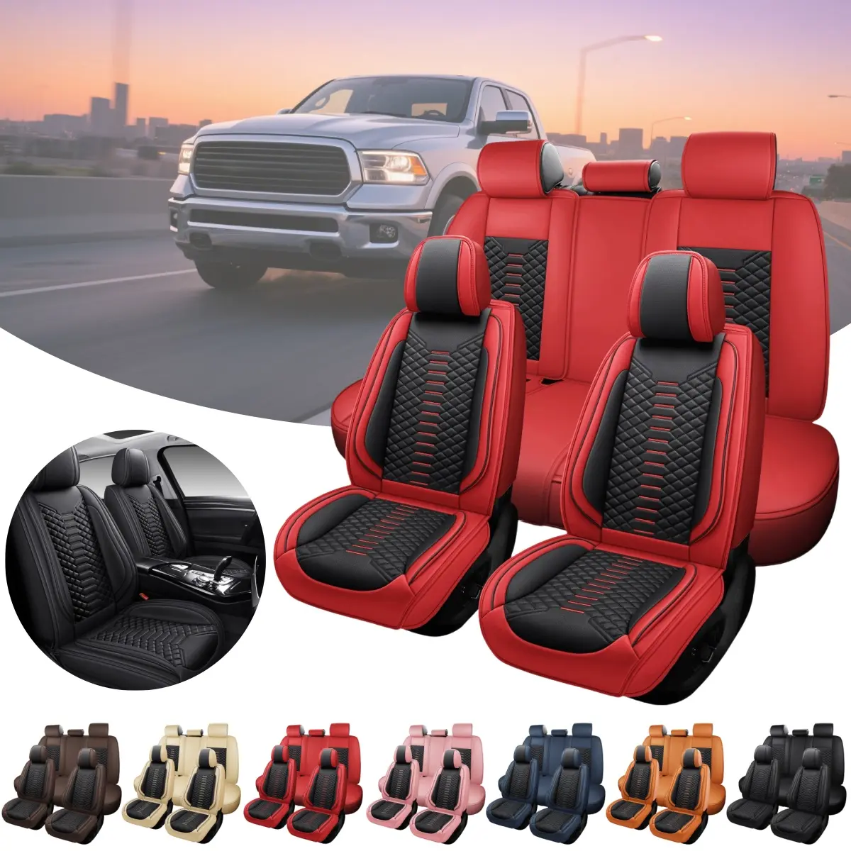 For Dodge Ram 1500 2500 3500 2009-2023 Pickup Truck Car Seat Covers, Soft Touch Premium Napa PU Leather Full Set Front Rear Seat Cushion Full Surround with Storage Bag, Breathable Non-Slip Waterproof Protector for Vehicle Interior Decoration Accessory, Pr