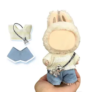 17cm labu Clothing Set with Sweater Denim Jeans and Keychain Kawaii Fashion Outfits and Accessories for Miniature Dolls