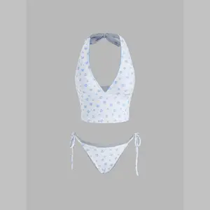 Cider Halter Neckline Floral Tankini Tie Side Bikini Set