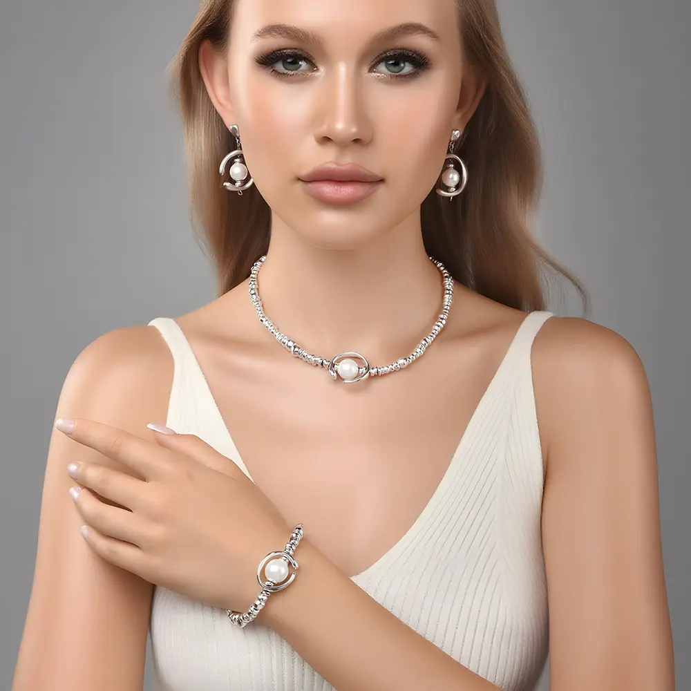 Spanish Broken Silver Pearl Necklace Fashion Light Luxury Bracelet Elegant Simple Earring Set Large Pearl