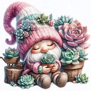 5D DIY Full Drill Round Diamond Art Painting Kit, Succulent Plants, Gnomes, Buckets, Mosaic, Canvas, DIY Decorative Wall Art, Perfect Gift