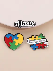 Autism Awareness Pins Set, Zinc Alloy Enamel Material, Puzzle Text Slogan & Rainbow Heart Decorations, Unisex Design, Daily Wear Accessories Gift, Durable Metal Pins