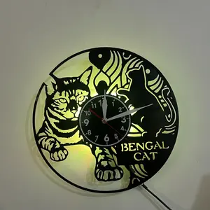 Cat Theme Vintage Vinyl Record LED Wall Clock Quiet 7 Color Lights with Remote Control Living Room Bedroom Office Decor Perfect Holiday Christmas Easter & Birthday Valentine's Day Gift.