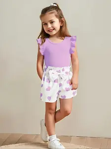 Toddler Girl's Plain Cap Sleeve Top & Heart Print Bow Decor Shorts Two-piece Set, Outfit, Cute Casual Round Neck Top & Shorts for Daily Wear, Kids Summer Clothes, Summer Gift Set