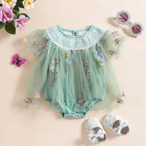 Baby Girls Tulle Tutu Dress Party Holiday Princess Dresses Infant Toddler Embroidery Flower Fairy Romper Dress