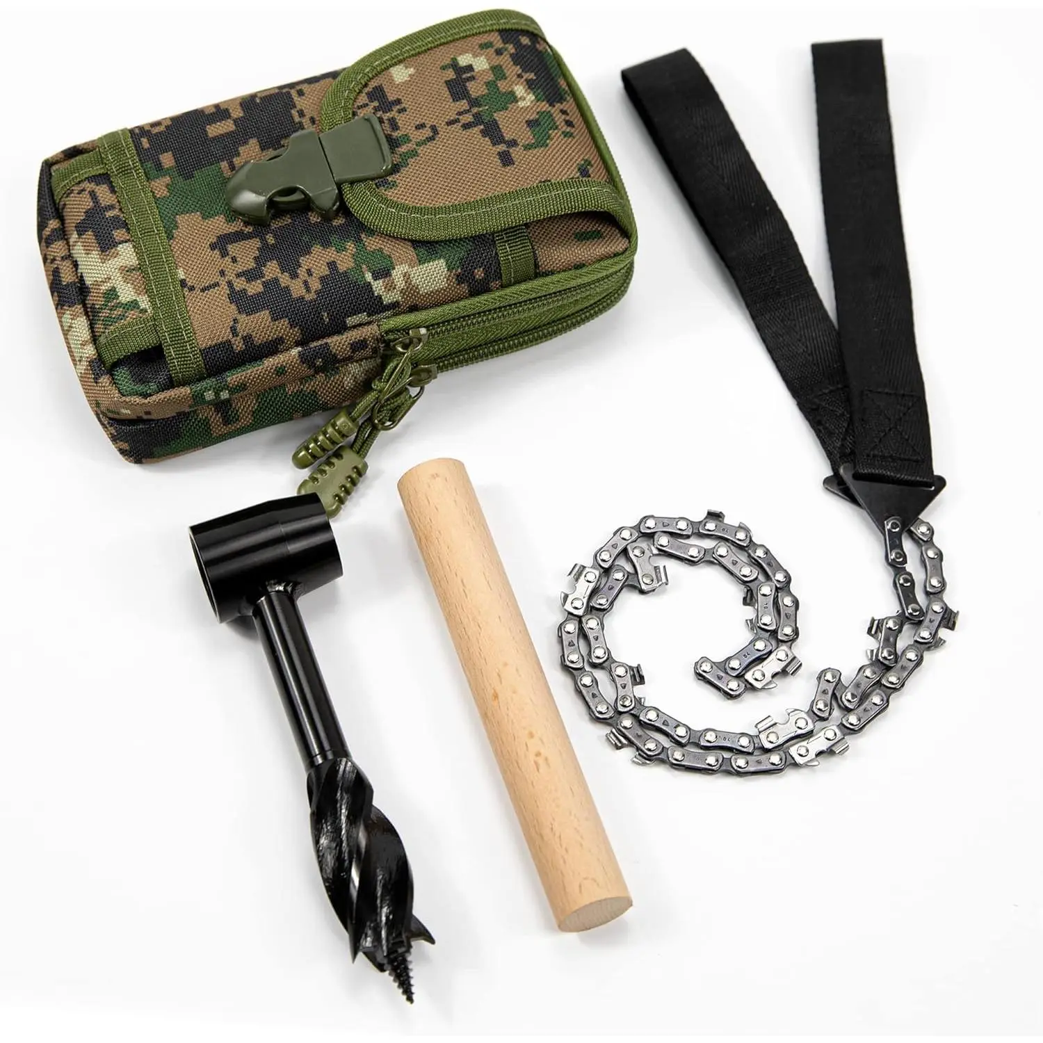 Settlers Premium Strengthened Steel Multitool Auger Kit (1 Set) – Eye Auger Drill for Efficient Drilling, Wood Drilling, 1 Bushcraft Hand Wrench, Pocket Chainsaw, Portable Bag, Wooden Lever for Camping, Backpacking