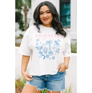 Mermaid Off Duty Vintage Wash Tee, White - 100% Cotton Nautical Graphic Unfinished Hemline Laid Back Aesthetic