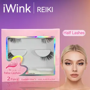 iWink Reiki Half Lashes - 0.05mm Ultra-thin Clear Band Cat Eye Lashes, 2 Pairs with Free 5ml Lash Glue, Natural Wispy Faux Mink Handmade Eyelashes for Daily Glam