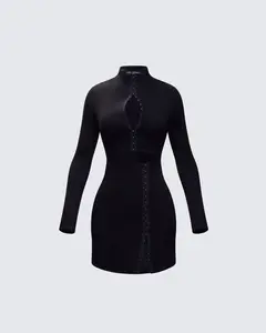 Eithne Black Rib Eyelet Front Mini Dress