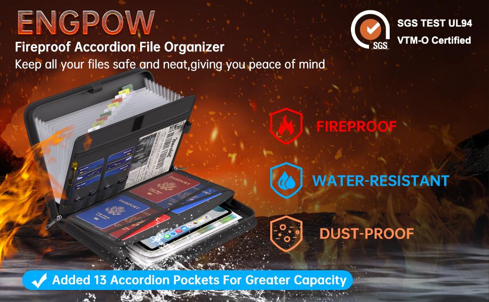 Accordion File Organizer, Fireproof Expanding File Folder with 13 Pockets Document Organizer with Handle & Labels, Portable Home Travel Safe Storage for Letter A4 Files and More, Black