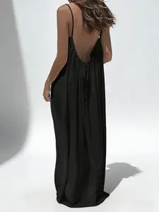 Women's Long Cami Slip Dress - Soft Stretchy Bodycon Lounge Dress - Sexy Solid Color Maxi Nightgown Backless