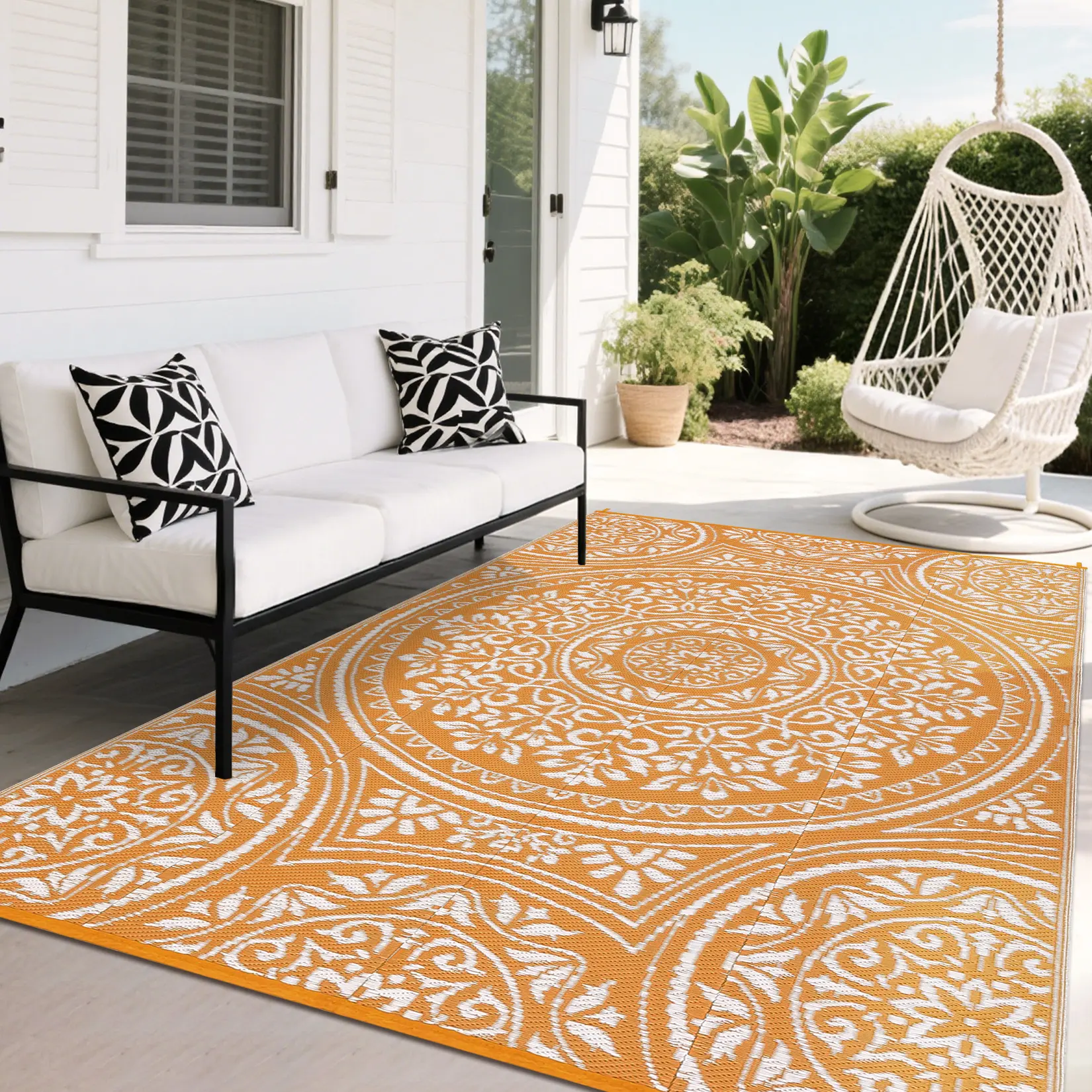 Waterproof Outdoor Reversible Floral Rug Plastic Straw Rug, Portable RV Picnic Camping Mat, UV Resistant Outside Carpet for Patio Garden Backyard Deck Balcony