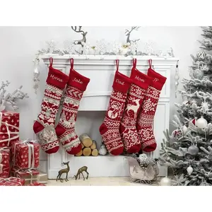 28" Personalized Knit Christmas Stockings | XL Fair Isle Reindeer & Snowflakes | Extra Large Long Oversize Knitted Red White Grey Custom