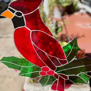 Vintage Cardinal with Leaves Stained Glass Suncatcher Red Bird Home Decoration .