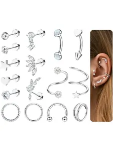16Pcs Helix Piercing Jewellery 16G Flat Back Earrings Stud Hypoallergenic Hoops CZ Heart Cartilage Earrings Conch Daith Tragus Piercing Jewellery Flat Pierced Jewelry (Silver/Gold)
