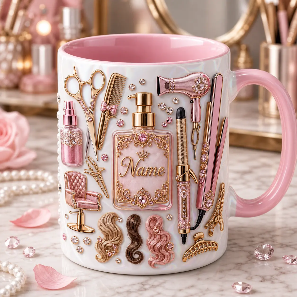 Personalized Hairstylist Mug 2D Printed 3D Effect, Custom Name Pink Ceramic Coffee Cup with Hair Tools Design, Gift for Hairdresser Salon Owner Women