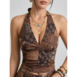 VYNCE Women Sexy Halter Neck Retro Patchwork Print Top Boho Hippie Sleeveless Tie Back Ruched Tank Top for Beach Vacation